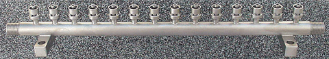 WMF6000 washer manifold with 14 Male Luer Locks on a 1/4" pipe, 12" overall length
