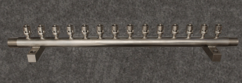 WMF6000 washer manifold with 14 Male Luer Locks on a 1/4" pipe, 12" overall length